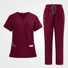 Premium wine red medical scrub sets flat lay view