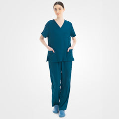 Women's caribbean blue scrub top and cargo pants front view