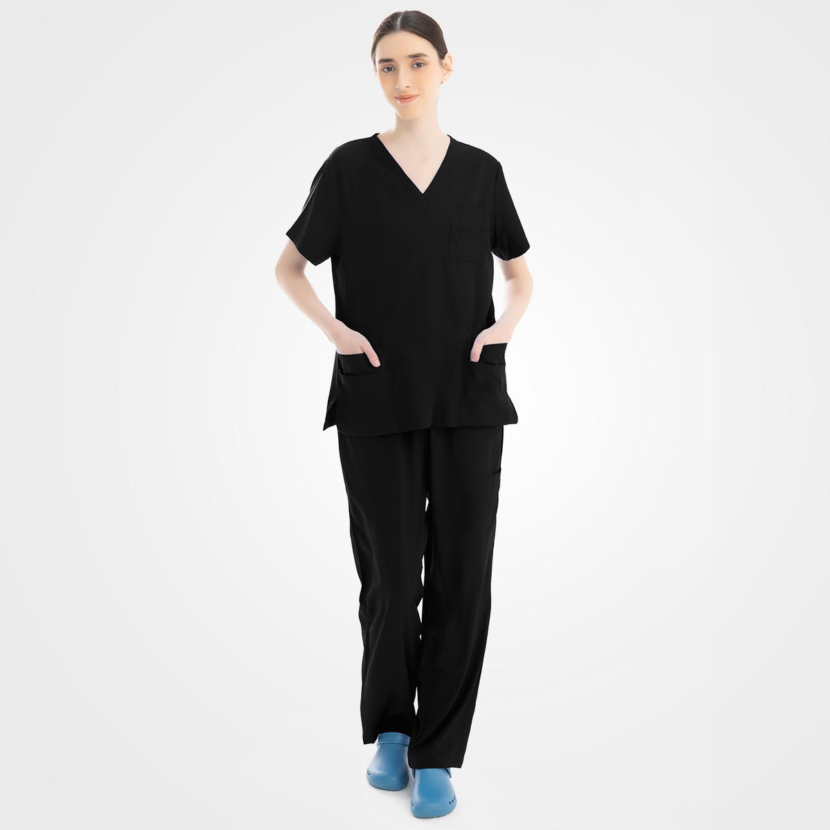 Women's black scrub top and cargo pants full front view
