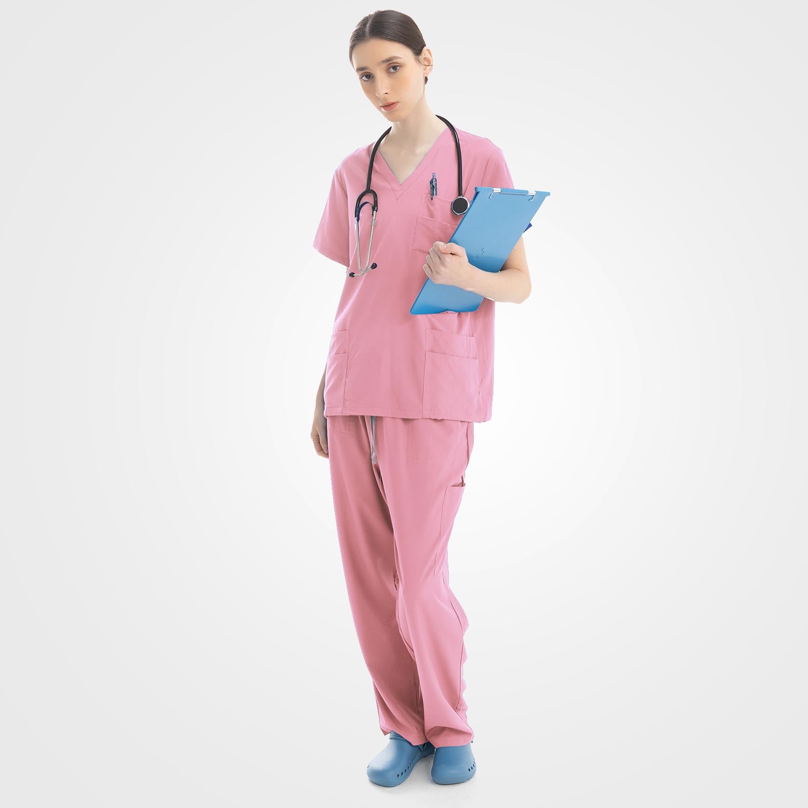 Stretchy pink scrubs for women set side profile