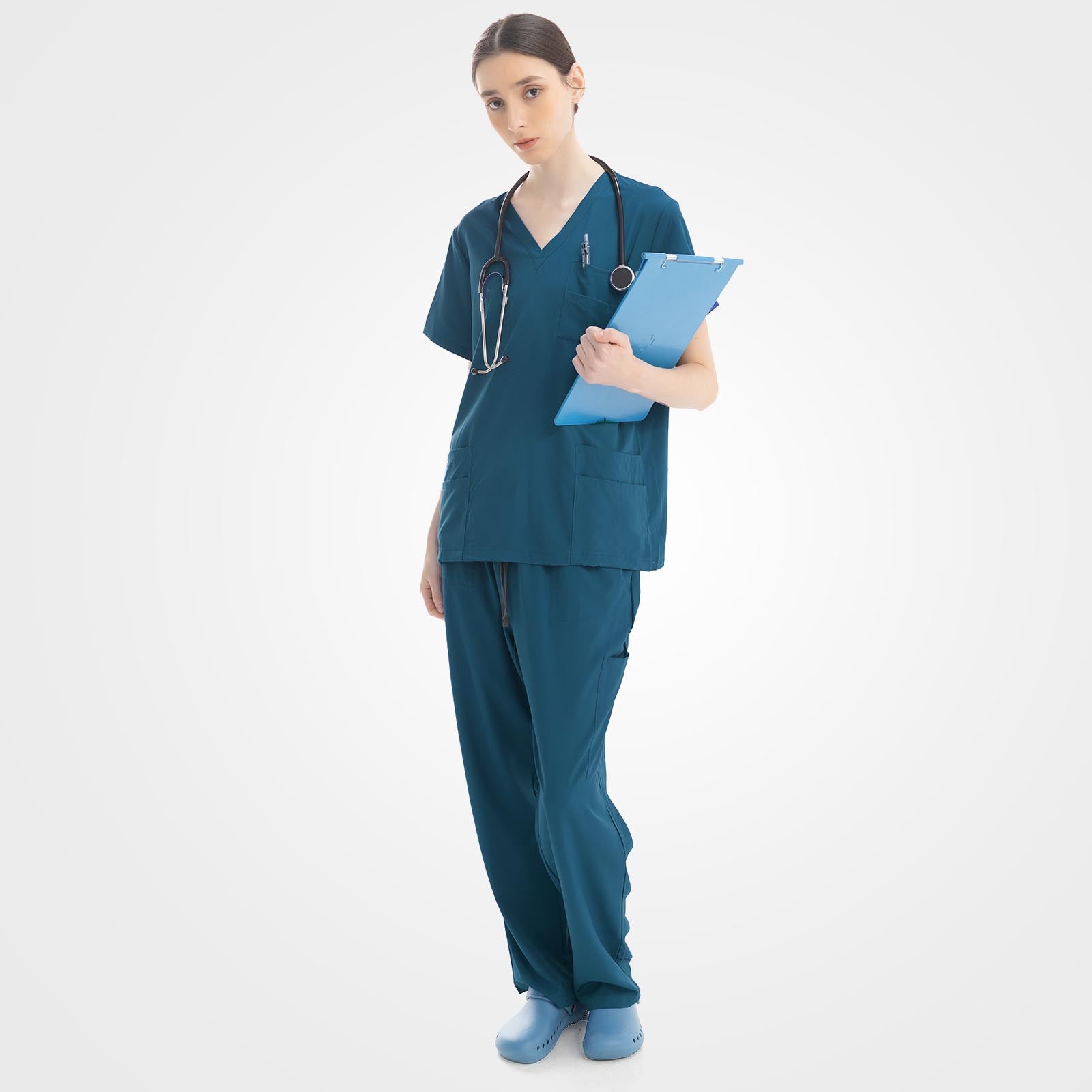 Stretchy caribbean blue nursing scrubs side profile