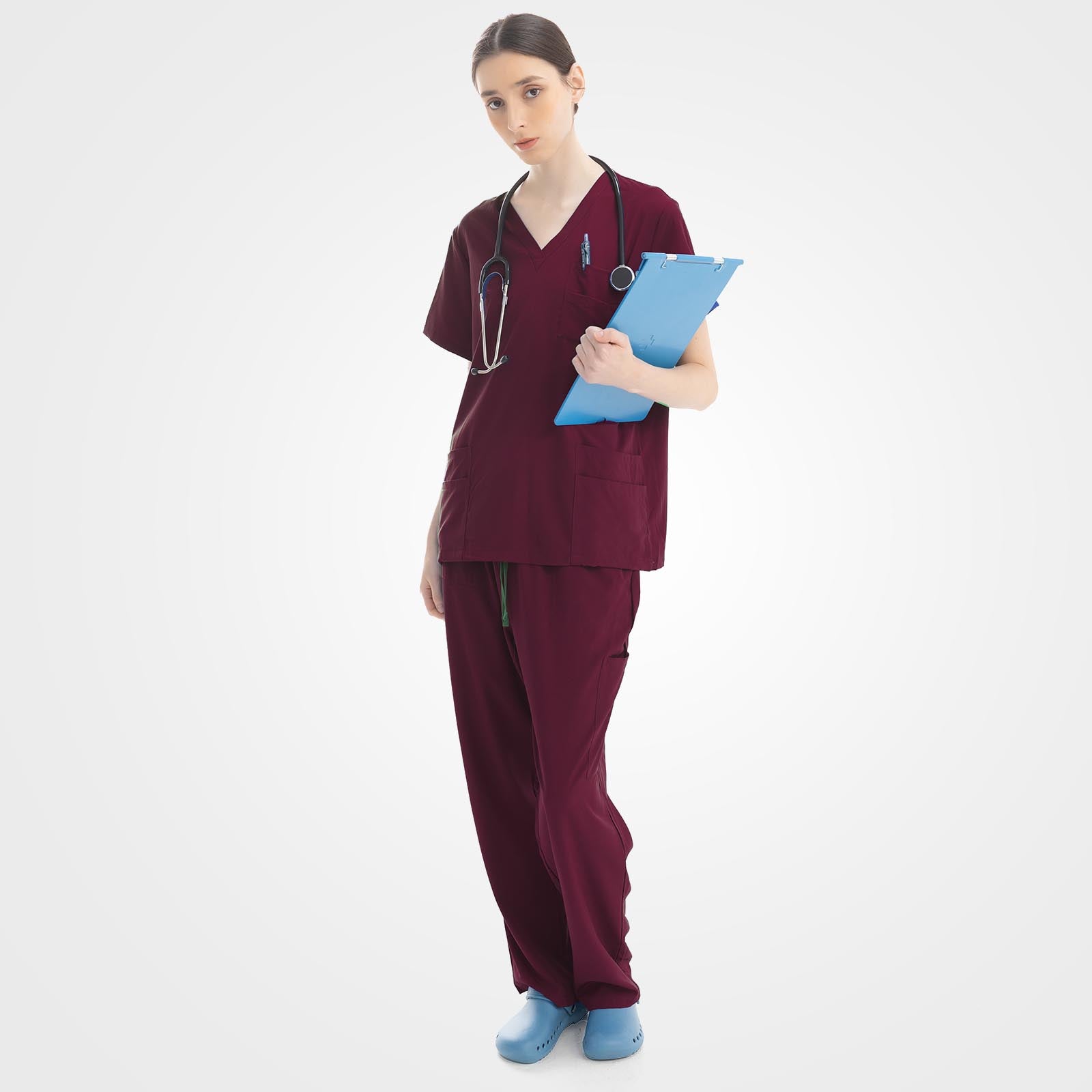 Stretchy wine red nursing scrubs side profile