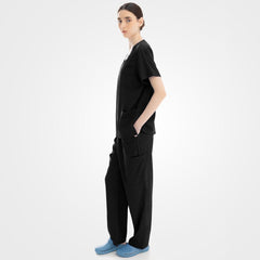 Minimalist black medical scrubs opposite side view