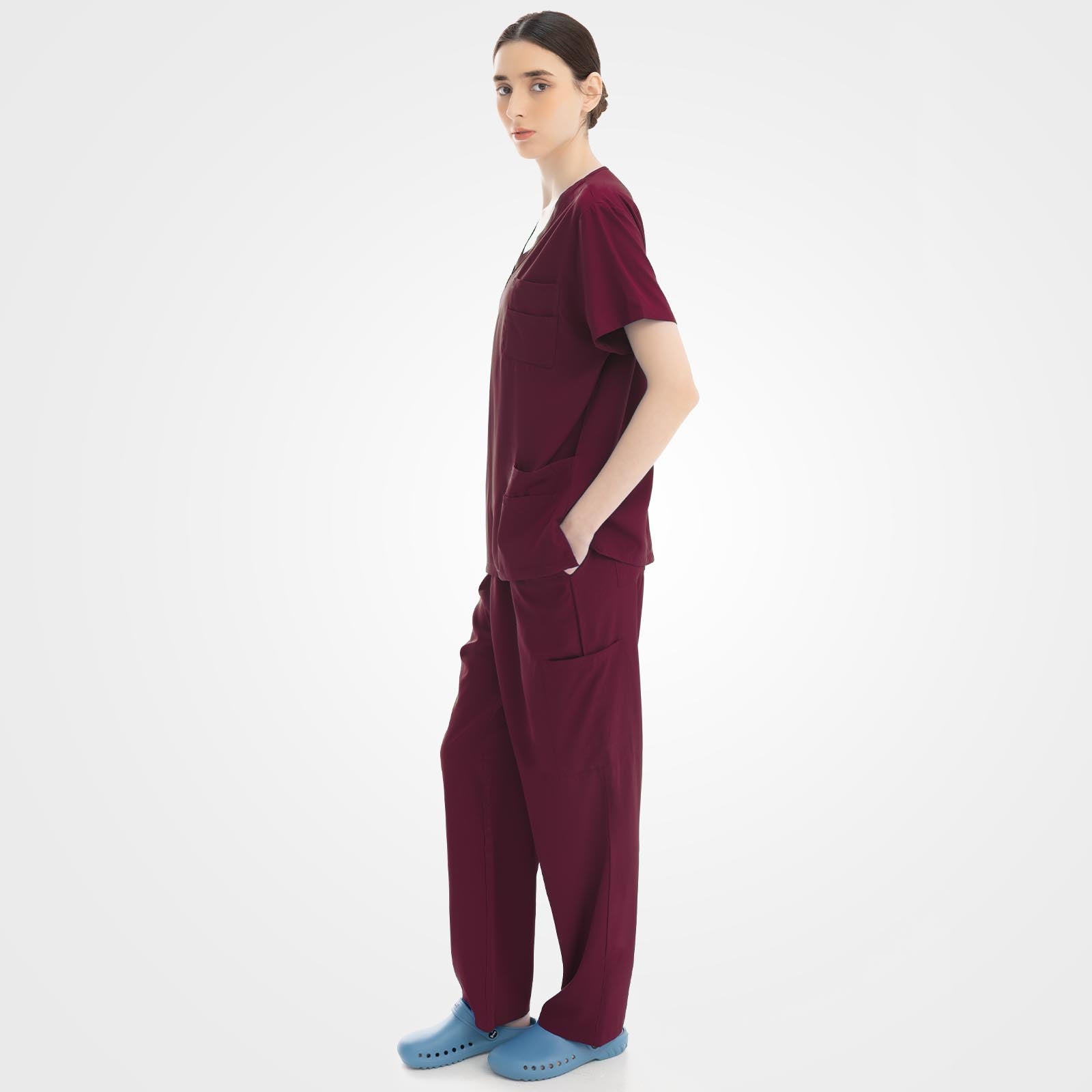 Elegant medical spa scrubs opposite side view