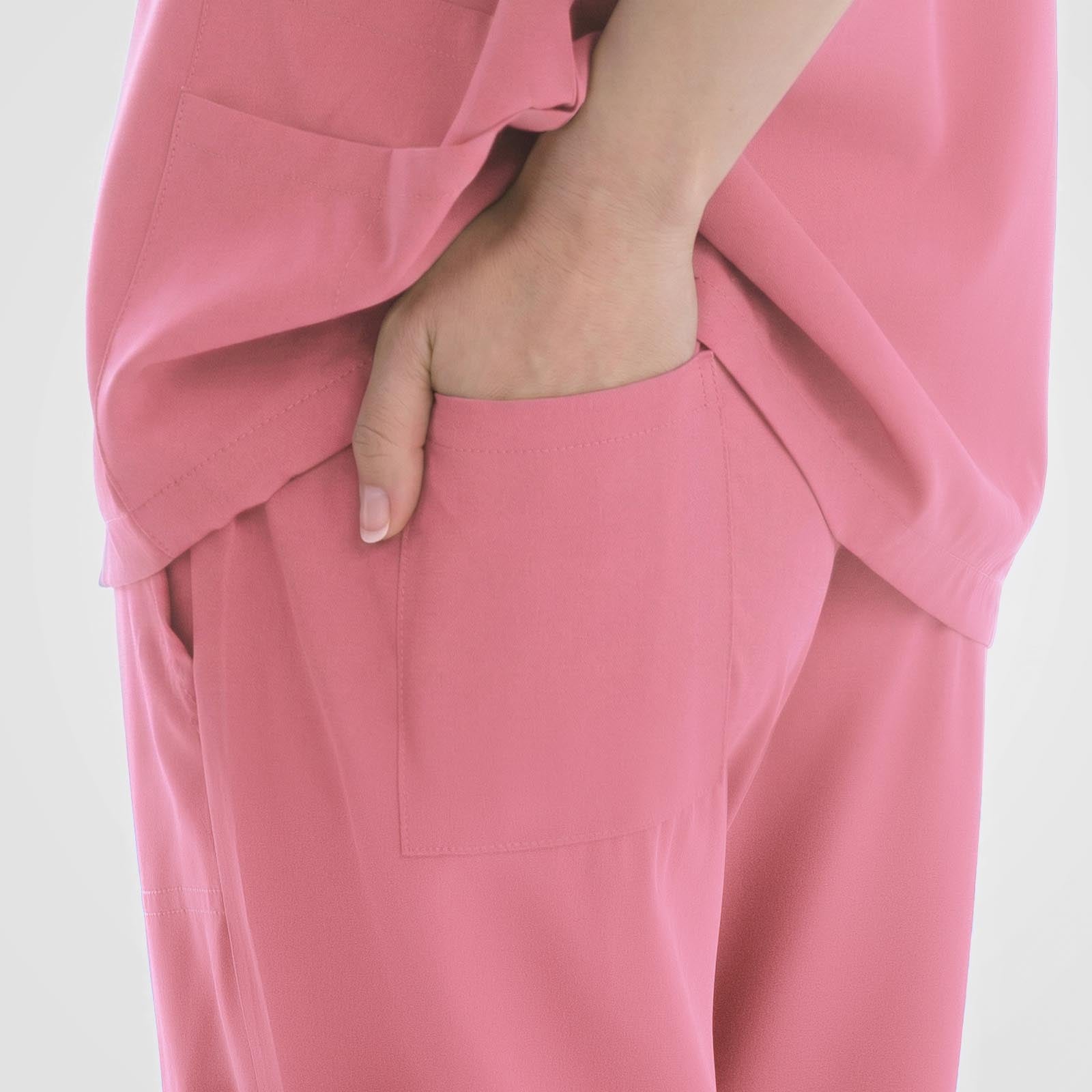 Pink scrub pants woman secure back pocket