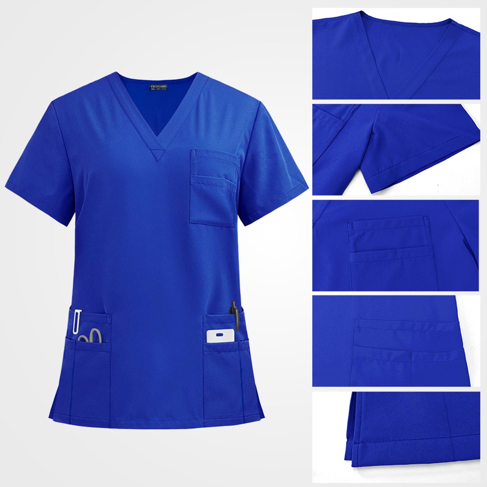 Multi-layered stacked utility pocket on medical scrub top