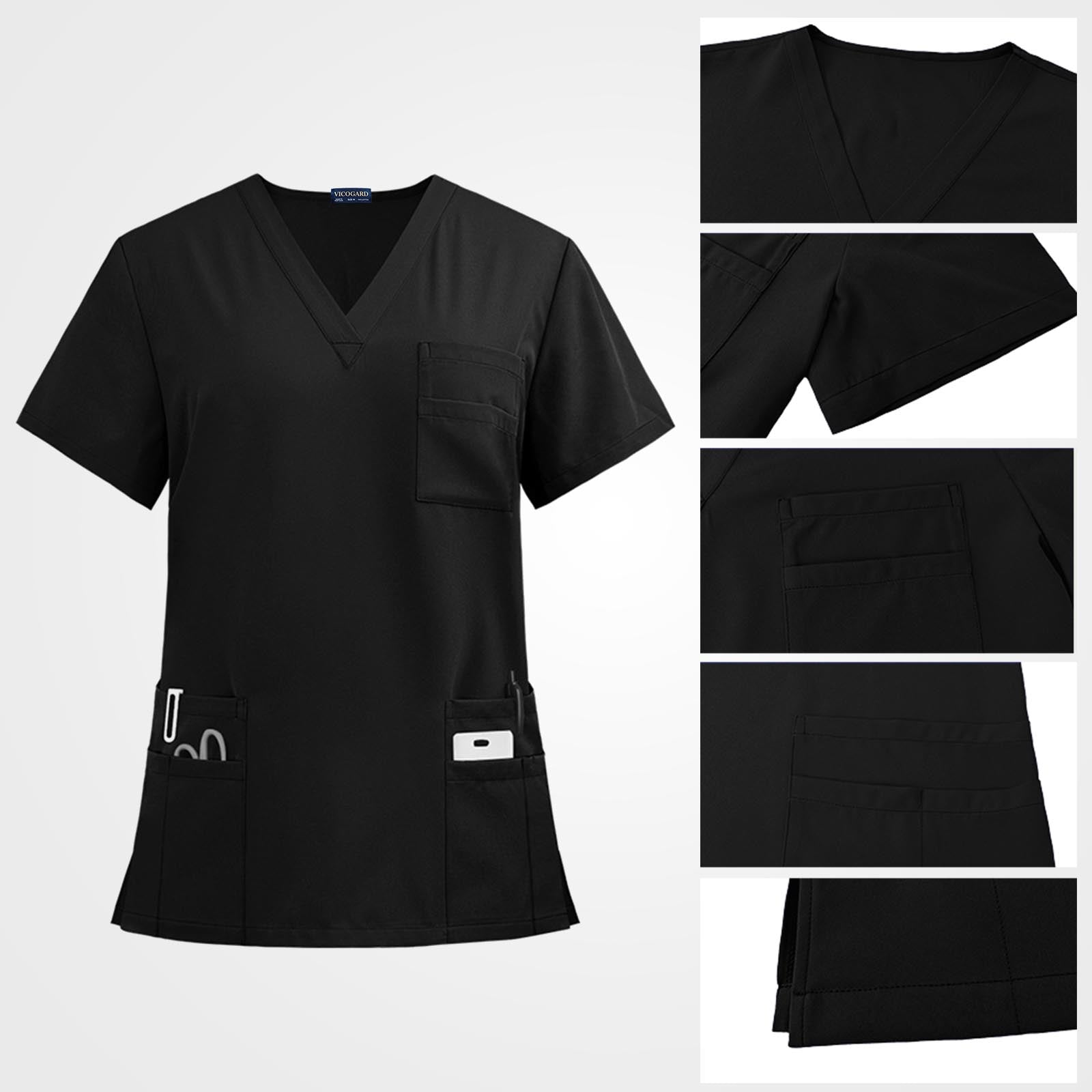 Multi-layered stacked utility pocket on black medical scrub top