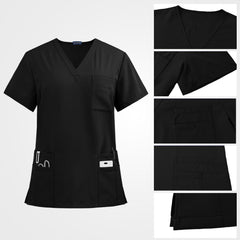 Multi-layered stacked utility pocket on black medical scrub top