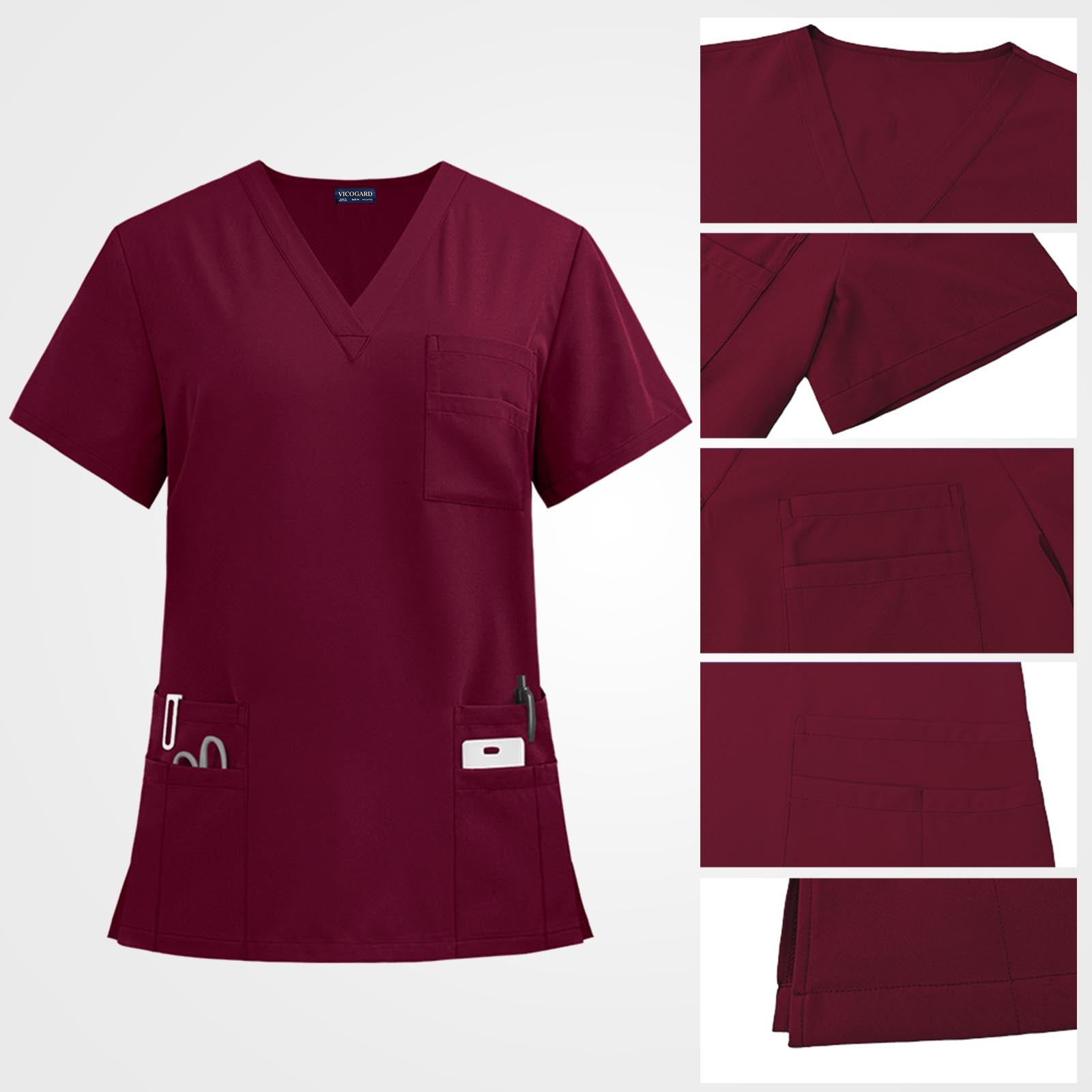 Multi-layered stacked utility pocket on burgundy scrub top