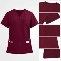 Multi-layered stacked utility pocket on burgundy scrub top
