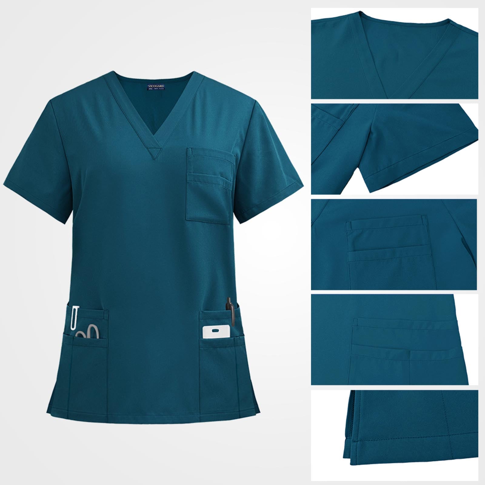 Multi-layered stacked utility pocket on caribbean blue scrub top