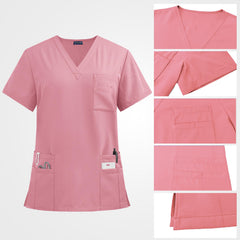 Multi-layered stacked utility pocket on pink scrub top