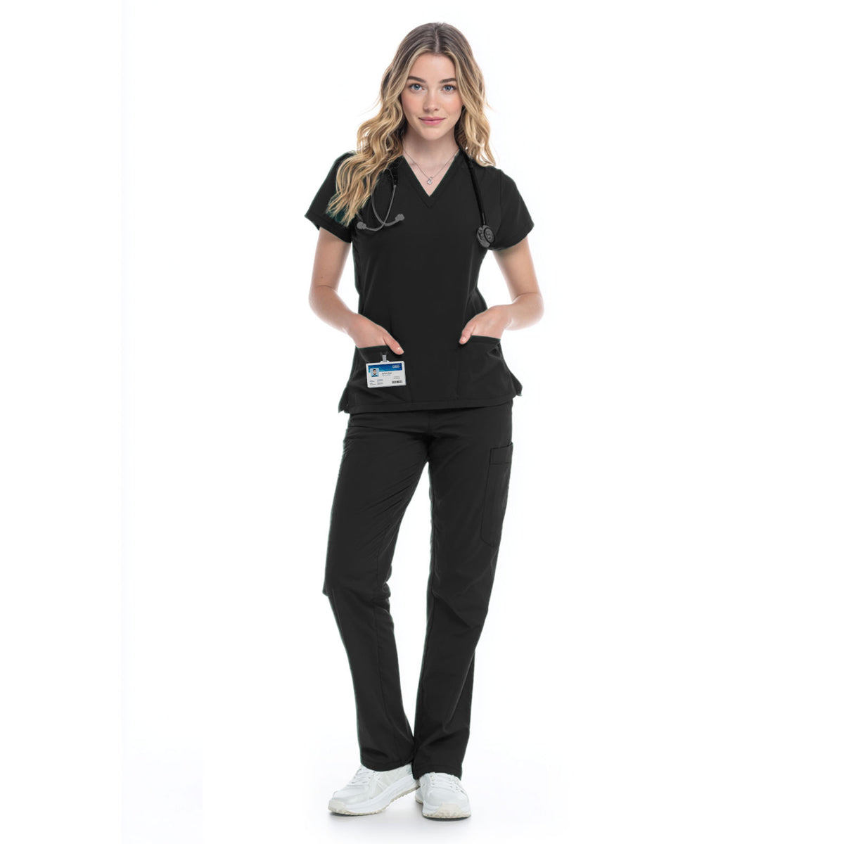 VICOGARD women's black v-neck cargo scrub set - front view