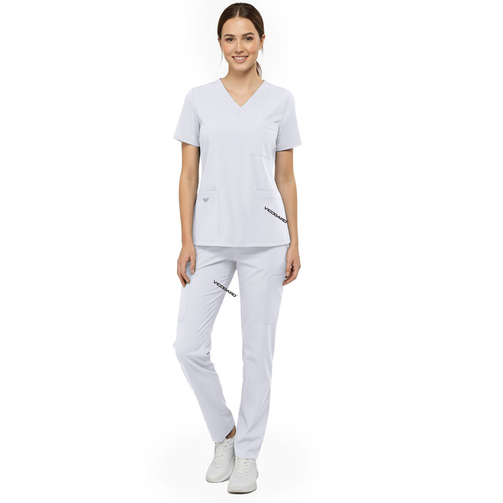 Vicogard White clinical scrub set front view, straight leg uniform with ID badge bungee loop for nursing students