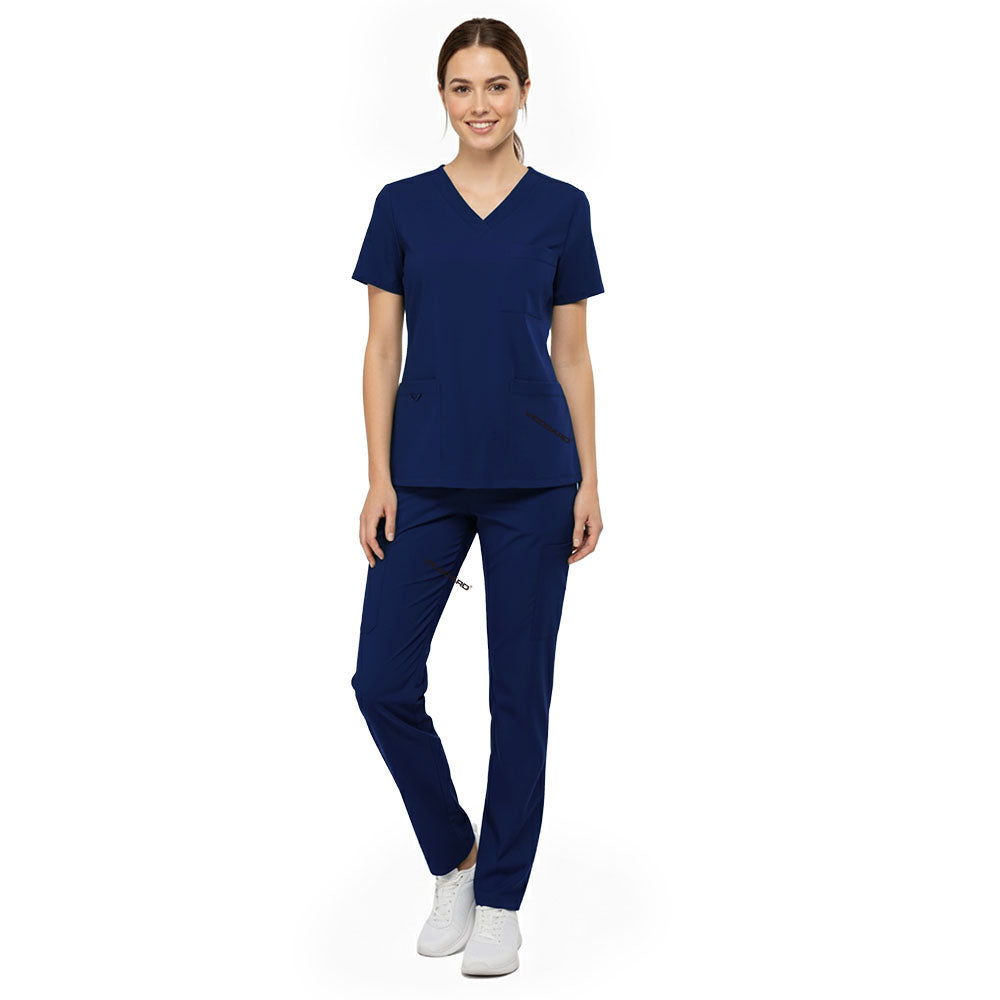 Vicogard Galaxy Blue dark blue scrubs, modern hospital uniform with ID badge loop