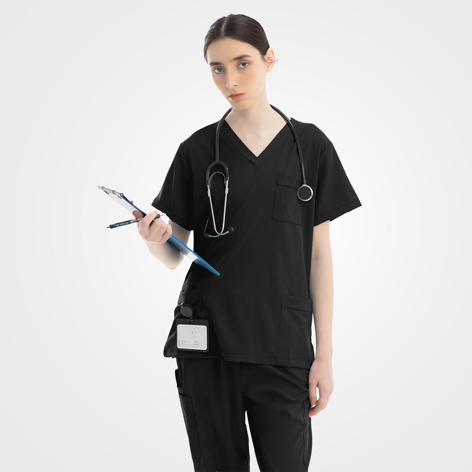 Vicogard® black medical uniform set flat lay