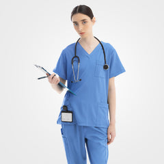 Ceil blue Vicogard® clinical straight leg scrub set model wearing