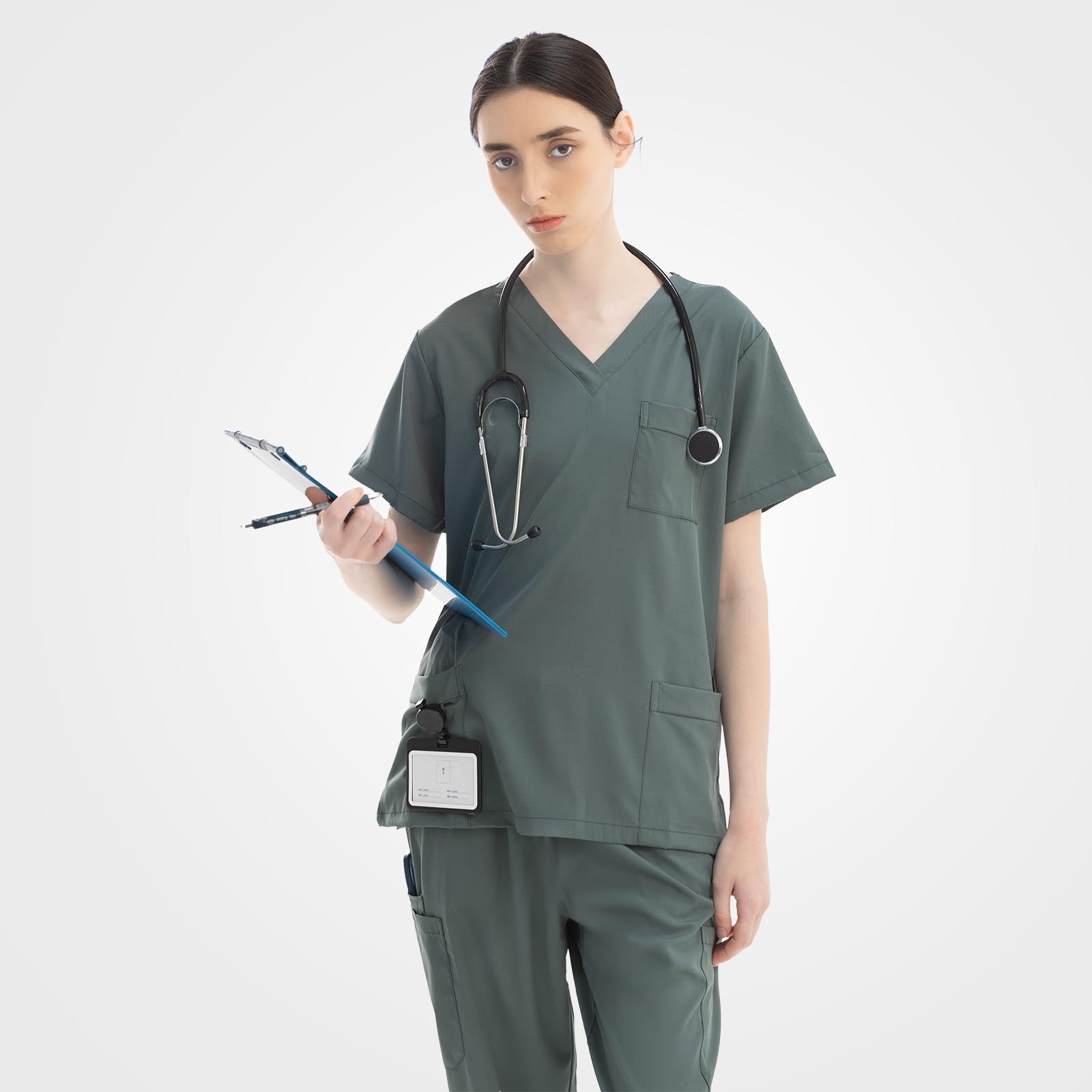 Vibrant teal Vicogard® medical scrub set model front view