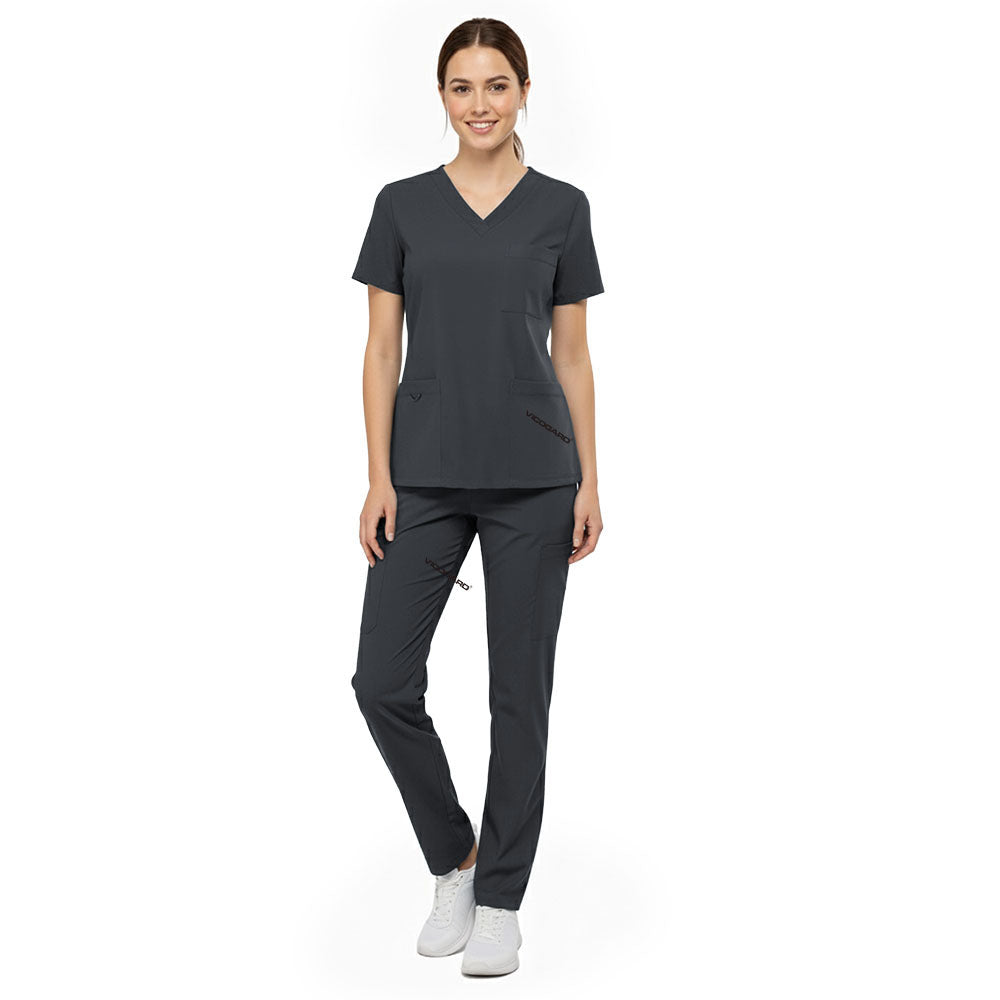 Vicogard Gray clinical scrub set front view, straight leg uniform with ID badge bungee loop for dental staff