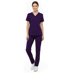 Vicogard Grape clinical scrub set front view, straight leg uniform with ID badge bungee loop for senior nurses