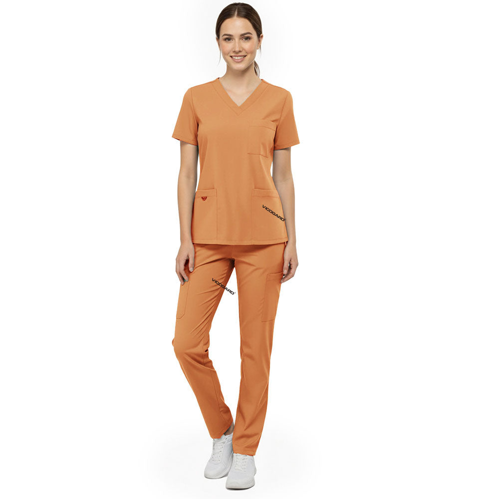 Vicogard Orange clinical scrub set front view, straight leg uniform with ID badge bungee loop for ER staff