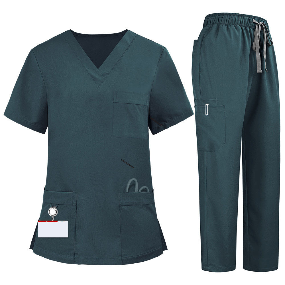 Flat lay of Turquoise medical uniform featuring V-neck top with bungee loop and 7-pocket cargo pants