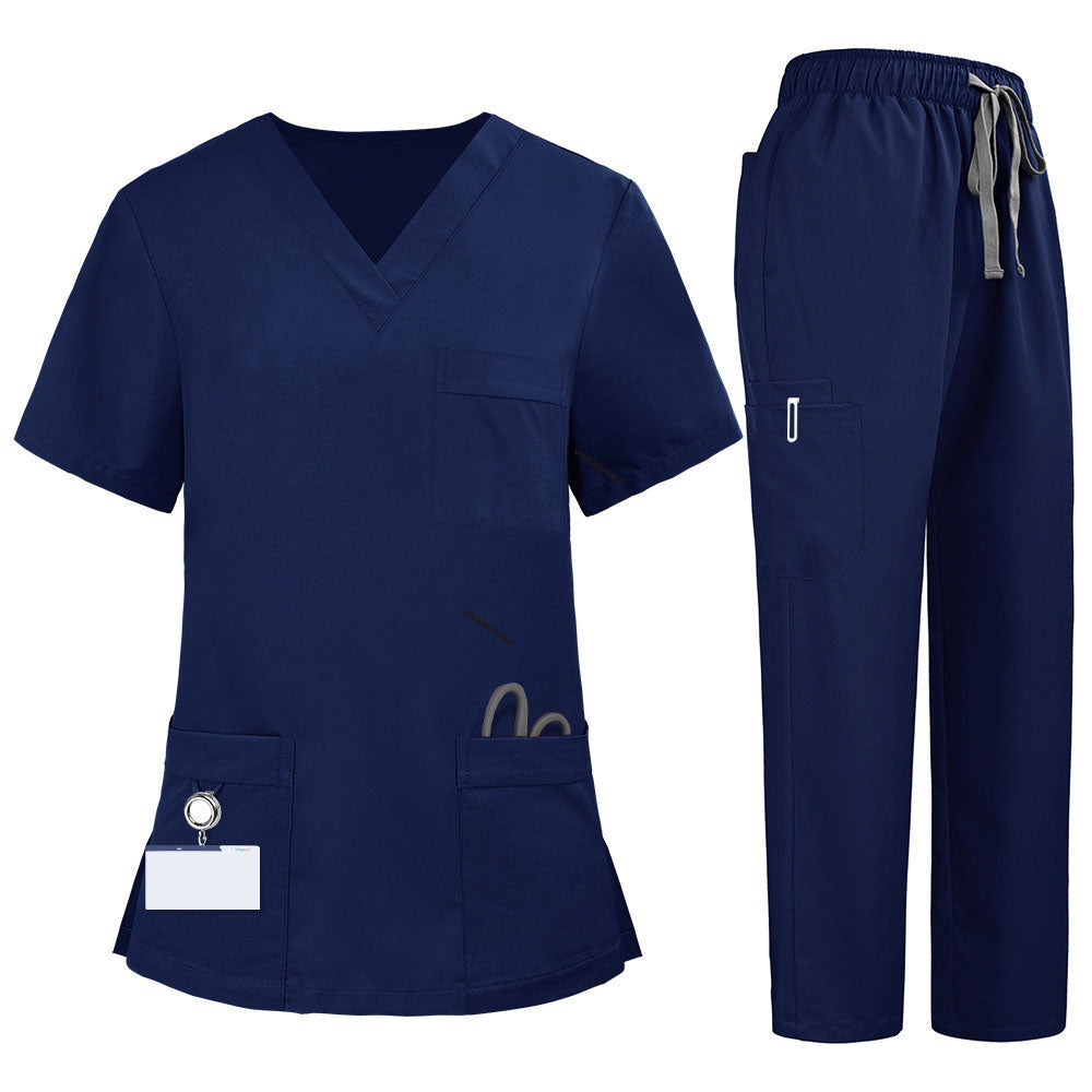 Flat lay of Galaxy Blue medical uniform featuring V-neck top with bungee loop and 7-pocket cargo pants