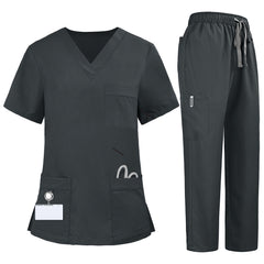 Flat lay of Gray medical uniform featuring V-neck top with bungee loop and 7-pocket cargo pants
