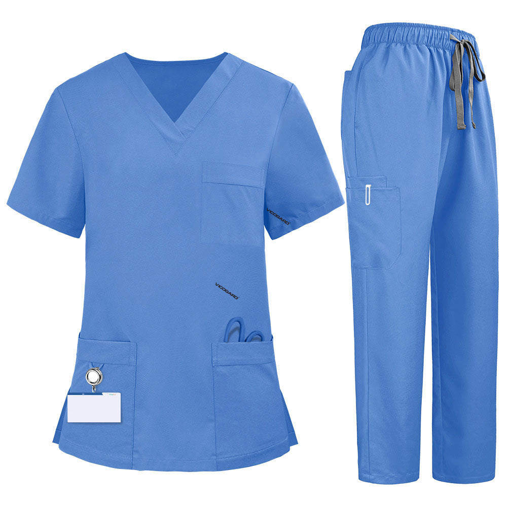 Flat lay of Royal Blue medical uniform featuring V-neck top with bungee loop and 7-pocket cargo pants