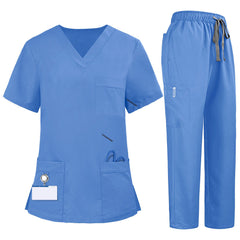 Flat lay of Royal Blue medical uniform featuring V-neck top with bungee loop and 7-pocket cargo pants