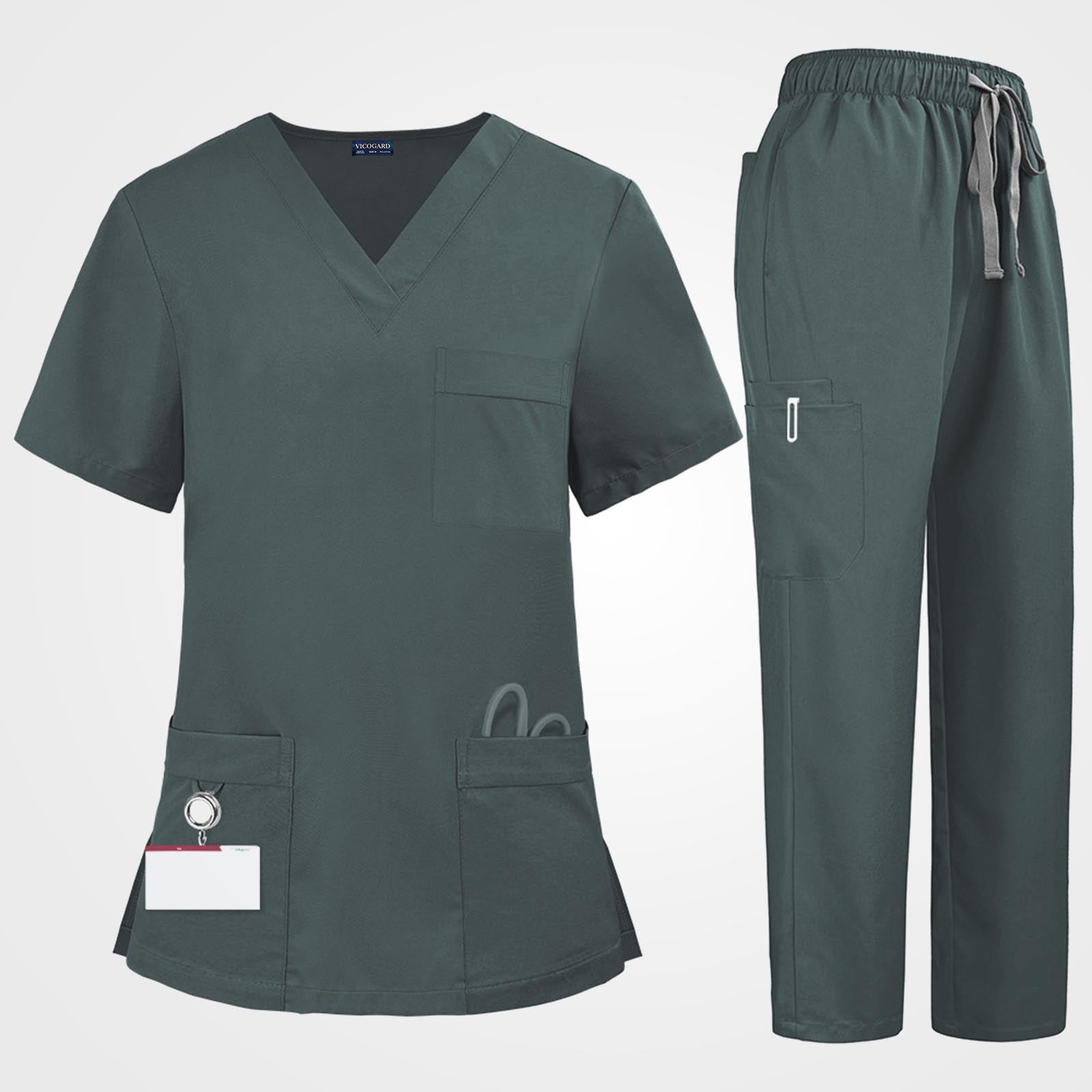 Flat lay of turquoise 10-pocket clinical uniform for healthcare professionals