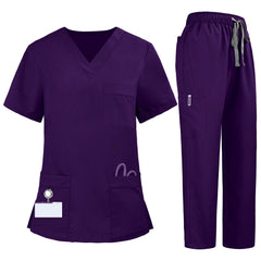 Flat lay of Grape medical uniform featuring V-neck top with bungee loop and 7-pocket cargo pants