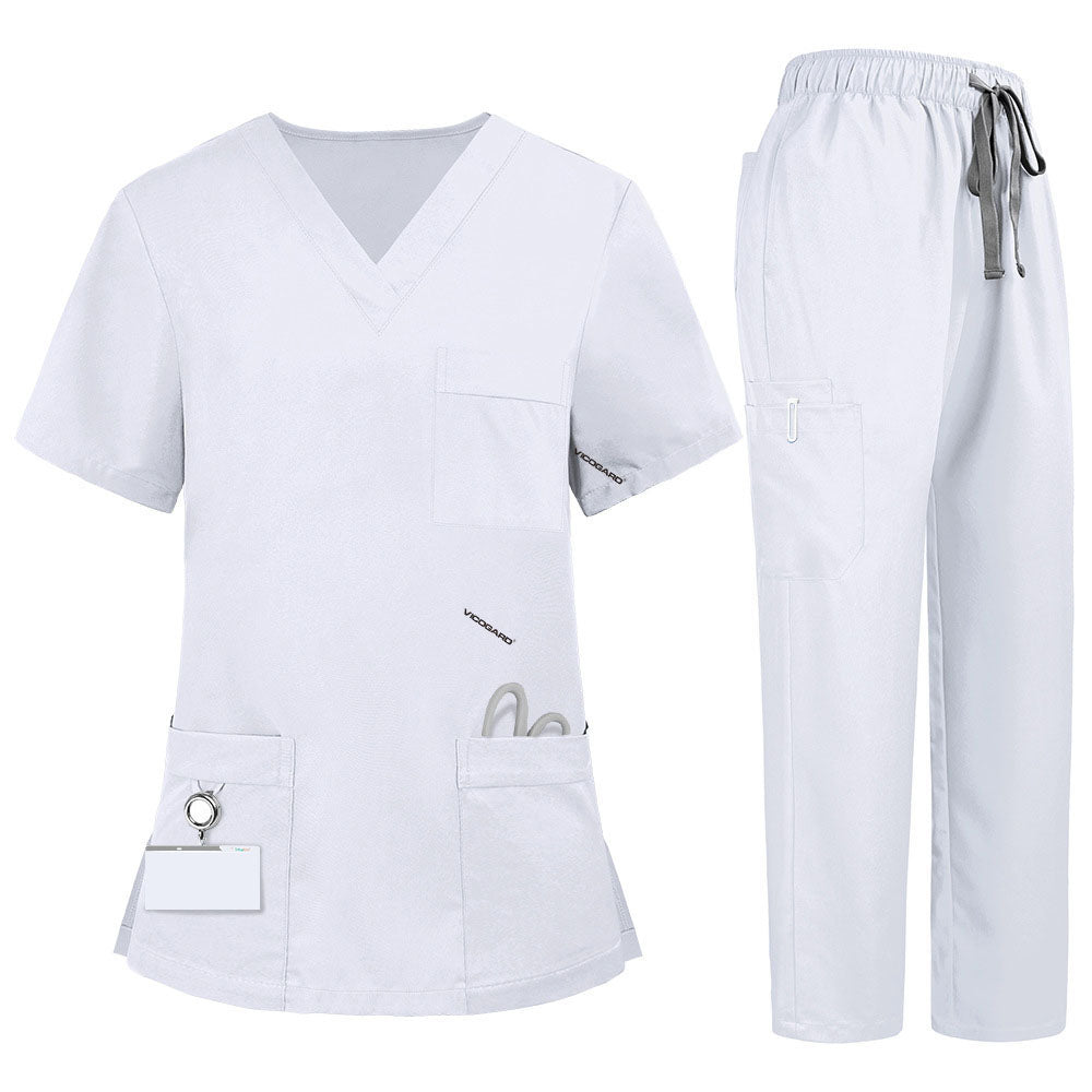 Flat lay of White medical uniform featuring V-neck top with bungee loop and 7-pocket cargo pants