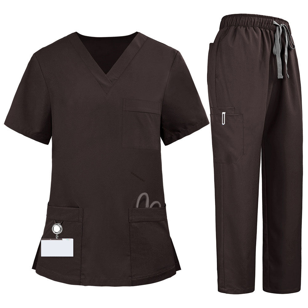 Flat lay of Chocolate medical uniform featuring V-neck top with bungee loop and 7-pocket cargo pants