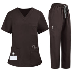 Flat lay of Chocolate medical uniform featuring V-neck top with bungee loop and 7-pocket cargo pants