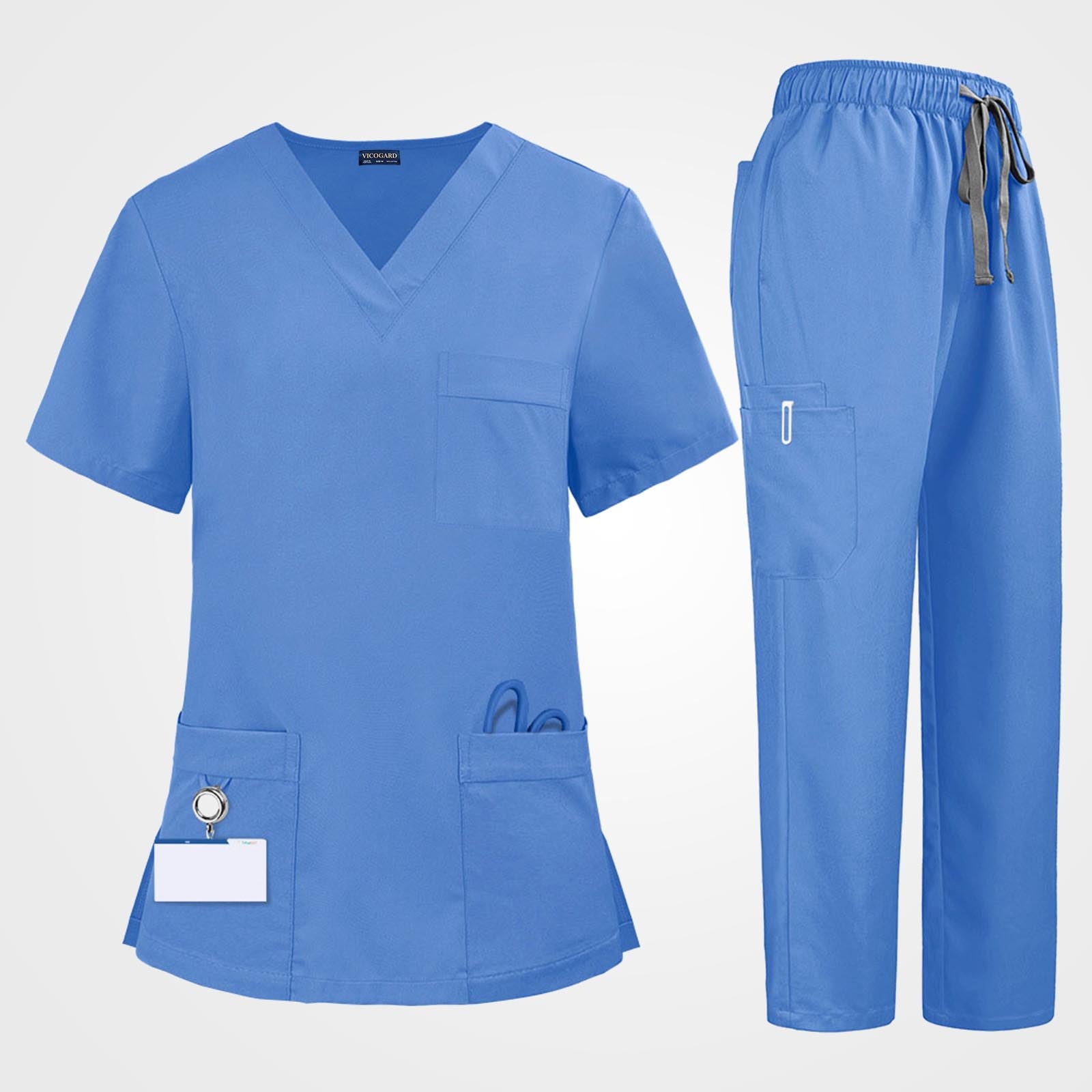 Vicogard® medical uniform set in deep ceil blue flat lay