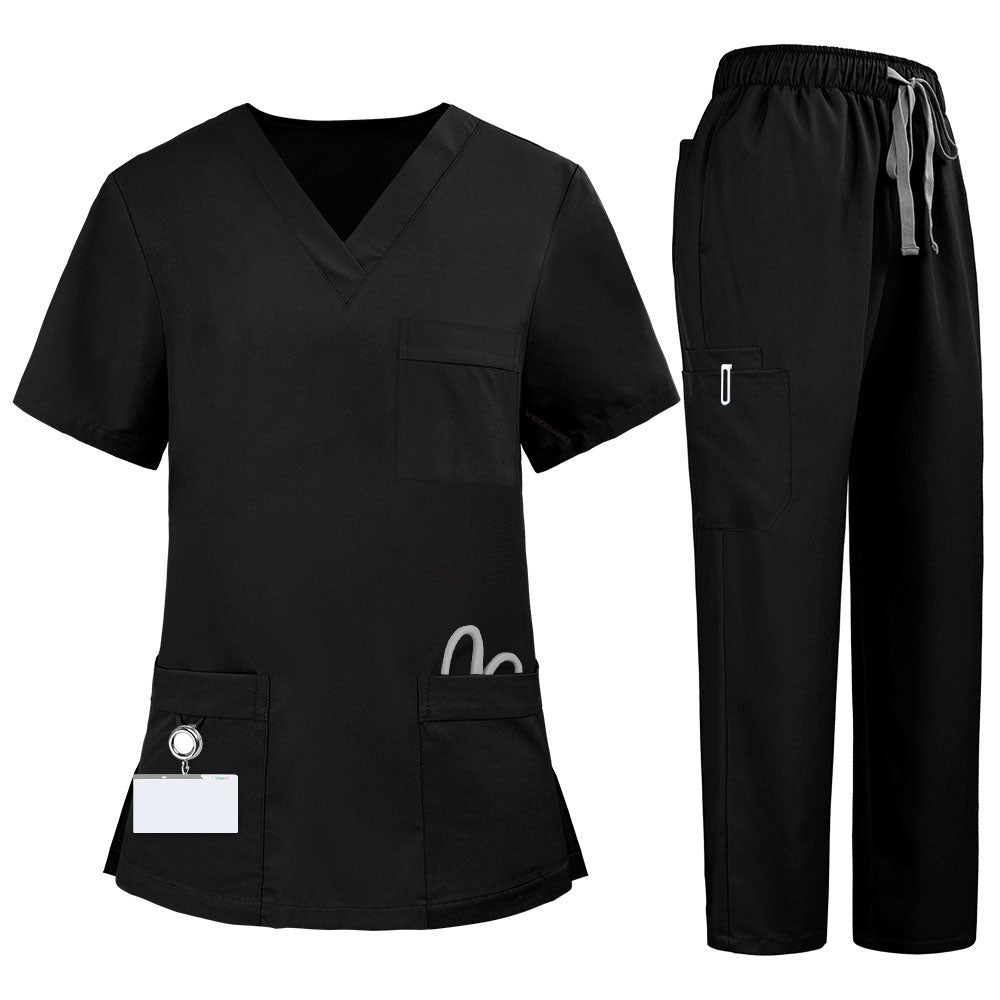Flat lay of Black medical uniform featuring V-neck top with bungee loop and 7-pocket cargo pants