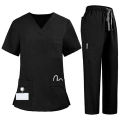Flat lay of Black medical uniform featuring V-neck top with bungee loop and 7-pocket cargo pants