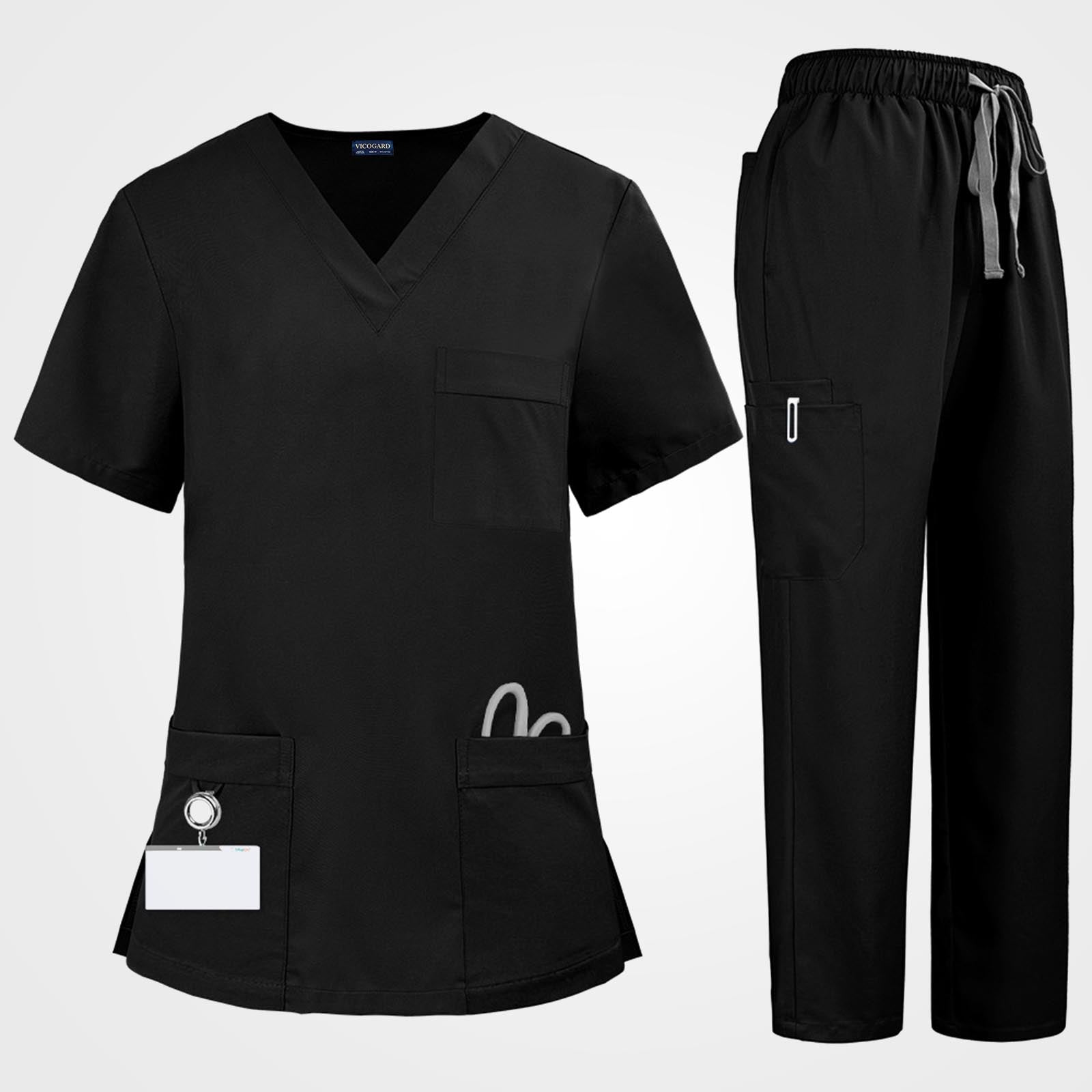 Black deep V-neck scrub top and straight pants full front view