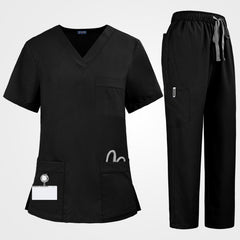 Black deep V-neck scrub top and straight pants full front view
