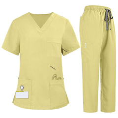 Flat lay of Cream Yellow medical uniform featuring V-neck top with bungee loop and 7-pocket cargo pants