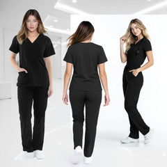 VICOGARD Women's Classic V-Neck Cargo Scrub Set -Black