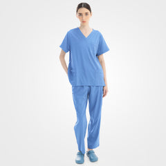 Ceil blue deep V-neck scrub top and pants matching set front view