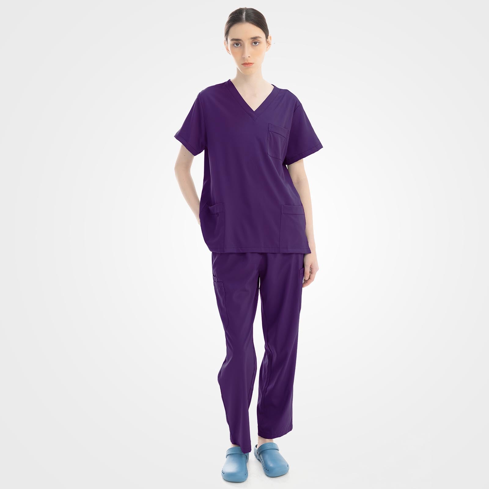 Grape deep V-neck scrub top and pants matching set front perspective