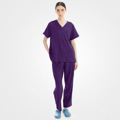 Grape deep V-neck scrub top and pants matching set front perspective