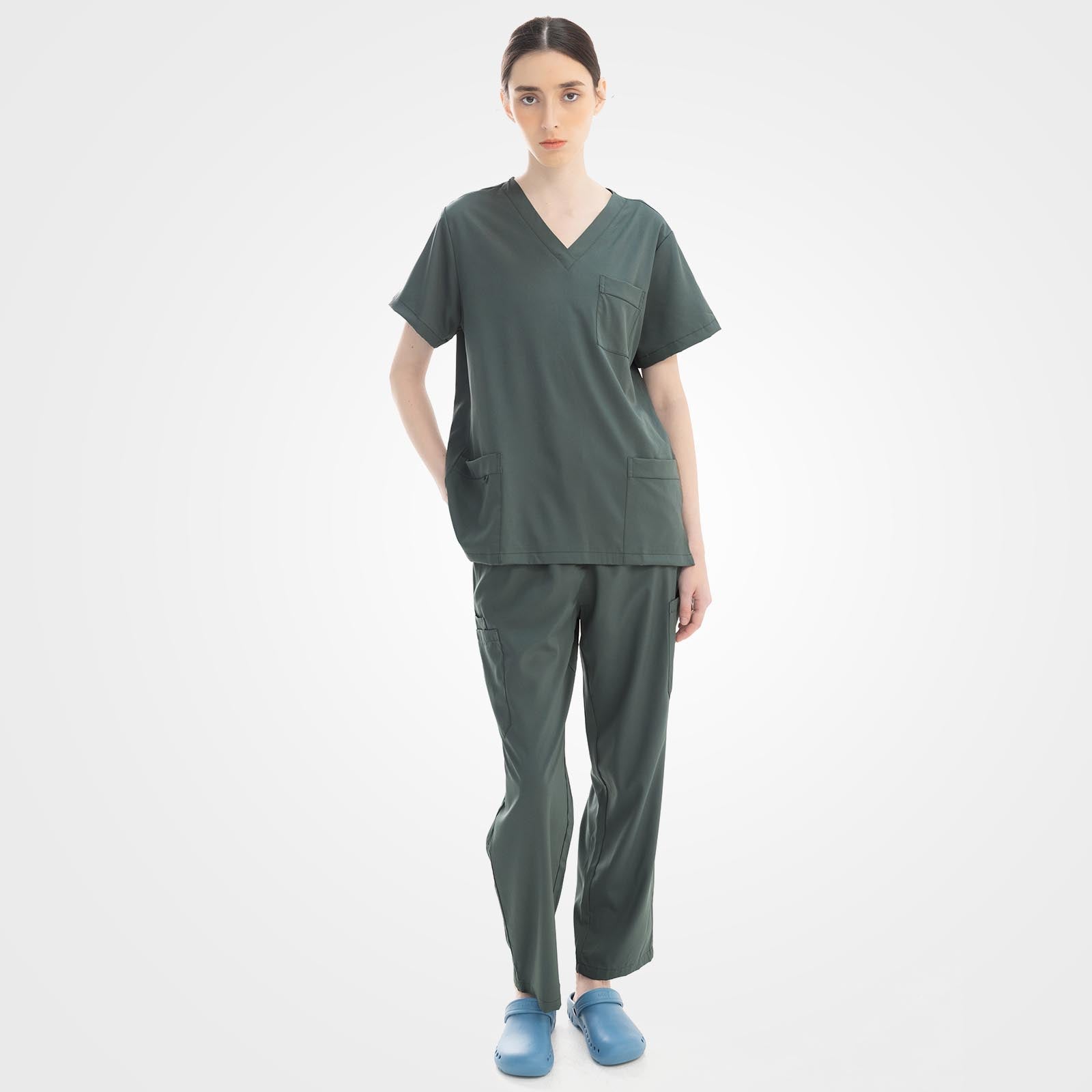 Teal deep V-neck scrub top and straight leg pants set perspective