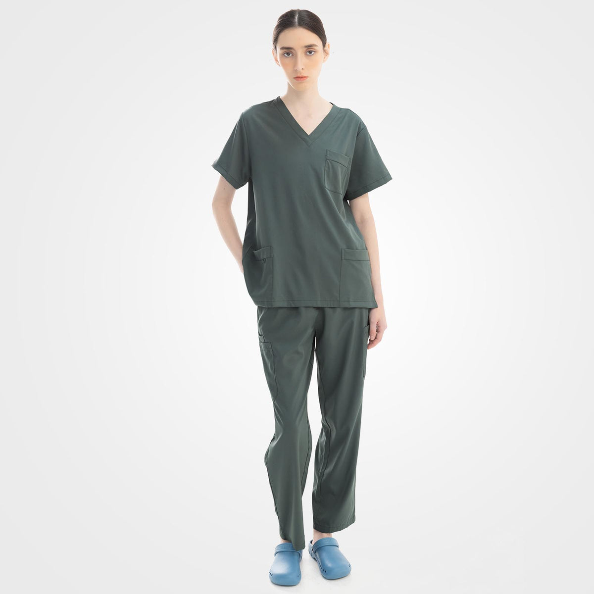 Teal deep V-neck scrub top and straight leg pants set perspective