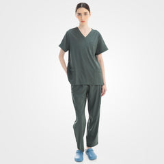 Teal deep V-neck scrub top and straight leg pants set perspective