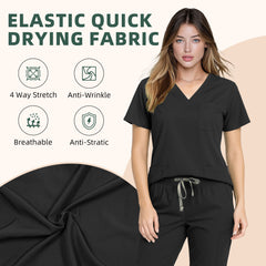 VICOGARD Women's Classic V-Neck Cargo Scrub Set -Black