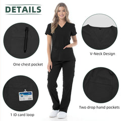 VICOGARD Women's Classic V-Neck Cargo Scrub Set -Black